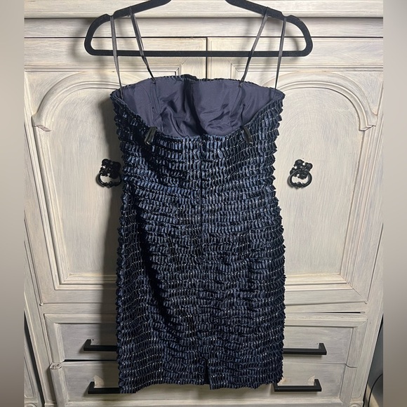 Formal Terani Couture Navy Strapless Ribbon Textured Beaded Cocktail Dress - Picture 6 of 7